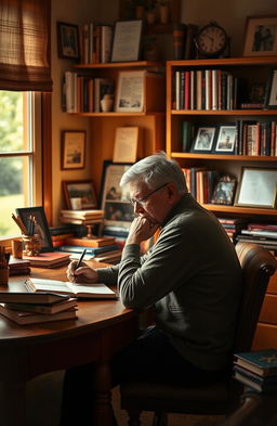 A thoughtful and reflective image depicting a person sitting at a desk in a cozy study, surrounded by books, journals, and personal mementos, writing their autobiography