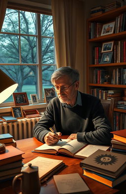 A thoughtful and reflective image depicting a person sitting at a desk in a cozy study, surrounded by books, journals, and personal mementos, writing their autobiography