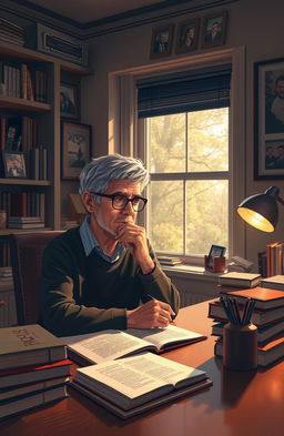 A thoughtful and reflective image depicting a person sitting at a desk in a cozy study, surrounded by books, journals, and personal mementos, writing their autobiography