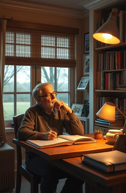 A thoughtful and reflective image depicting a person sitting at a desk in a cozy study, surrounded by books, journals, and personal mementos, writing their autobiography