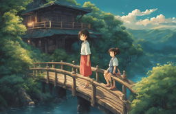 Detailed Spirited Away poster in Studio Ghibli style featuring Chihiro and Haku on a bridge leading to an intricately detailed bathhouse surrounded by lush greenery under a twilight sky