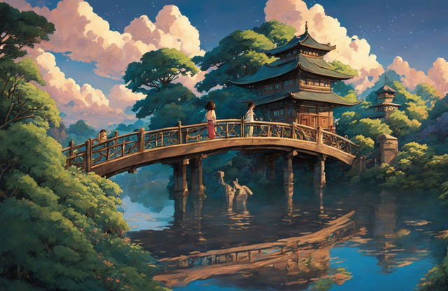 Detailed Spirited Away poster in Studio Ghibli style featuring Chihiro and Haku on a bridge leading to an intricately detailed bathhouse surrounded by lush greenery under a twilight sky