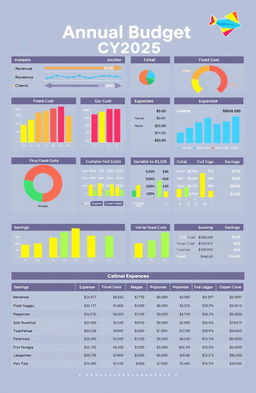 A well-organized visual representation of an annual budget for CY2025, featuring detailed income sources and expenses