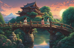 Detailed Spirited Away poster in Studio Ghibli style featuring Chihiro and Haku on a bridge leading to an intricately detailed bathhouse surrounded by lush greenery under a twilight sky