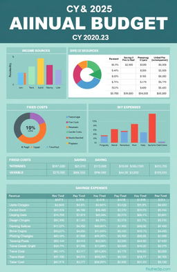 A well-organized visual representation of an annual budget for CY2025, featuring detailed income sources and expenses