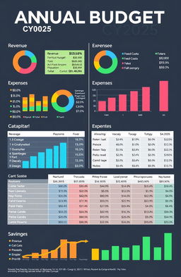 A well-organized visual representation of an annual budget for CY2025, featuring detailed income sources and expenses
