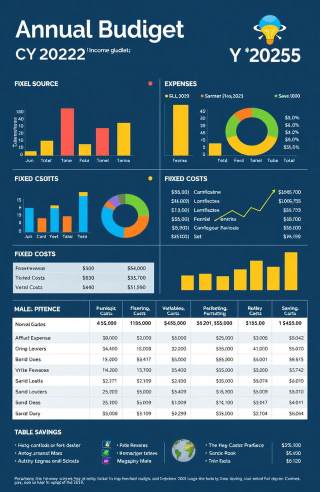 A well-organized visual representation of an annual budget for CY2025, featuring detailed income sources and expenses