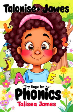 A colorful, engaging illustration from a children's phonics book featuring the character Talisea James, a young girl with curly hair and bright, inquisitive eyes