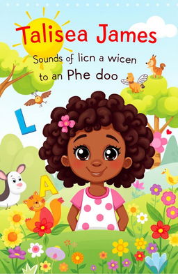 A colorful, engaging illustration from a children's phonics book featuring the character Talisea James, a young girl with curly hair and bright, inquisitive eyes