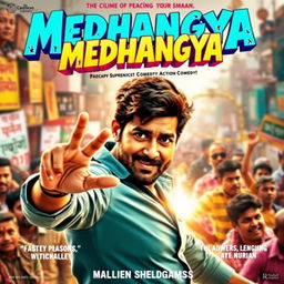 A vibrant and colorful cinematic film poster for an action comedy titled 'MEDHANGYA'