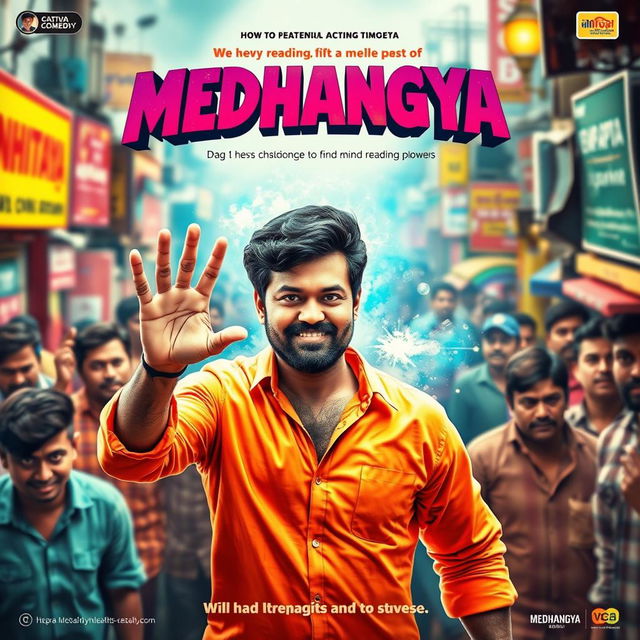 A vibrant and colorful cinematic film poster for an action comedy titled 'MEDHANGYA'