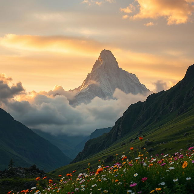 A majestic view of Meru Peak soaring high into the sky, surrounded by a dramatic skyline of clouds at sunset