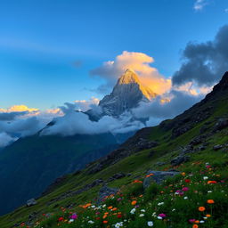 A majestic view of Meru Peak soaring high into the sky, surrounded by a dramatic skyline of clouds at sunset