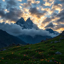 A majestic view of Meru Peak soaring high into the sky, surrounded by a dramatic skyline of clouds at sunset