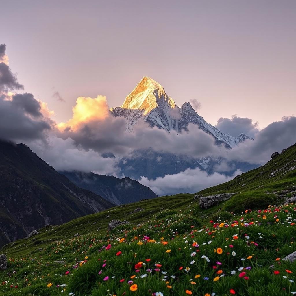 A majestic view of Meru Peak soaring high into the sky, surrounded by a dramatic skyline of clouds at sunset