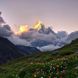 A majestic view of Meru Peak soaring high into the sky, surrounded by a dramatic skyline of clouds at sunset