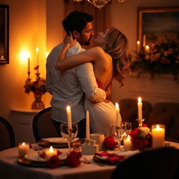 A sensual and passionate scene depicting the intimate moment between a couple in a cozy, softly lit room