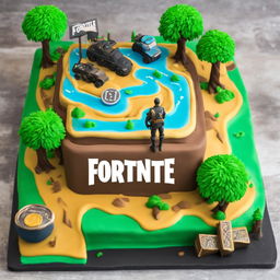 A square, single-layer Fortnite-inspired birthday cake