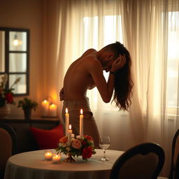 A sensual and passionate scene depicting the intimate moment between a couple in a cozy, softly lit room