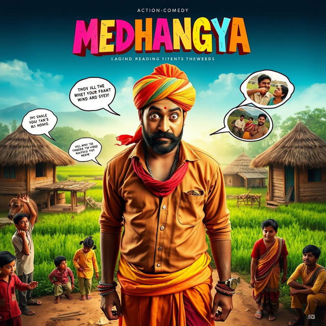 A cinematic action-comedy film poster titled 'MEDHANGYA', featuring an Indian villager man with a quirky expression, showcasing his mind reading supernatural powers