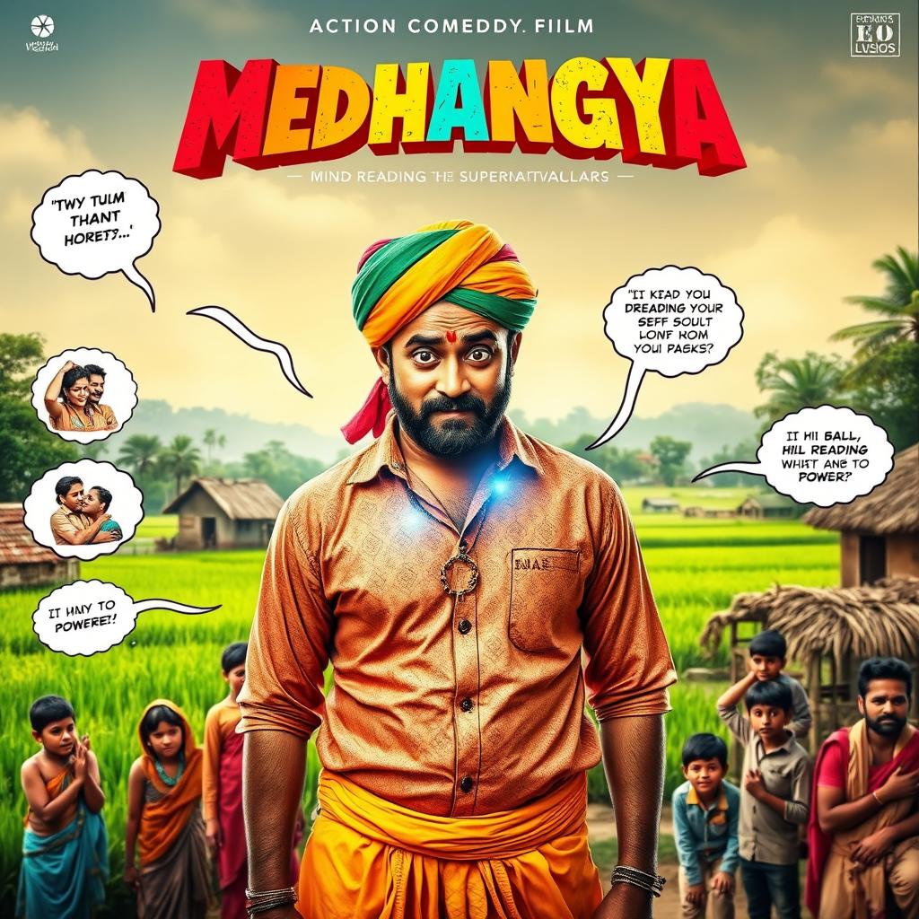 A cinematic action-comedy film poster titled 'MEDHANGYA', featuring an Indian villager man with a quirky expression, showcasing his mind reading supernatural powers