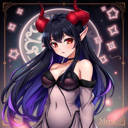 An anime-style illustration of a sultry succubus named Meru, featuring enchanting red eyes, long flowing black hair with hints of purple, and stylish demon-like horns protruding from her head