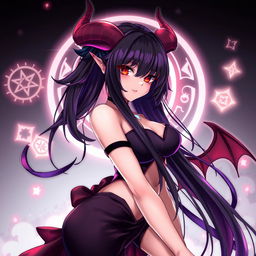 An anime-style illustration of a sultry succubus named Meru, featuring enchanting red eyes, long flowing black hair with hints of purple, and stylish demon-like horns protruding from her head