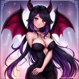 An anime-style illustration of a sultry succubus named Meru, featuring enchanting red eyes, long flowing black hair with hints of purple, and stylish demon-like horns protruding from her head