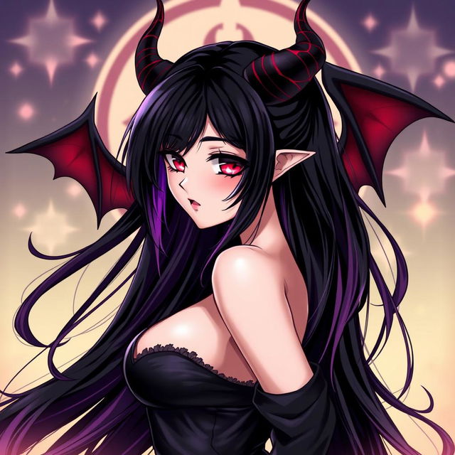 An anime-style illustration of a sultry succubus named Meru, featuring enchanting red eyes, long flowing black hair with hints of purple, and stylish demon-like horns protruding from her head