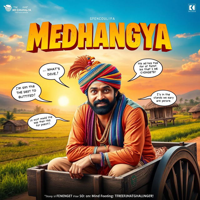 A vibrant and dynamic cinematic action-comedy film poster for 'MEDHANGYA', featuring an Indian villager man with a quirky expression, showcasing his mind-reading supernatural powers