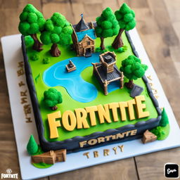 A square, single-layer Fortnite-inspired birthday cake