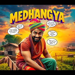 A vibrant and dynamic cinematic action-comedy film poster for 'MEDHANGYA', featuring an Indian villager man with a quirky expression, showcasing his mind-reading supernatural powers