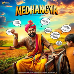 A vibrant and dynamic cinematic action-comedy film poster for 'MEDHANGYA', featuring an Indian villager man with a quirky expression, showcasing his mind-reading supernatural powers
