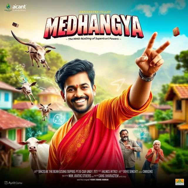 A cinematic action comedy film poster featuring an Indian Maharashtrian villager man with a charming smile and traditional attire, showcasing his mind-reading supernatural powers