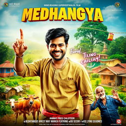 A cinematic action comedy film poster featuring an Indian Maharashtrian villager man with a charming smile and traditional attire, showcasing his mind-reading supernatural powers