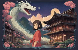 Studio Ghibli-style poster of Spirited Away featuring Chihiro, Haku in dragon form, various spirits, and the bathhouse under twilight sky