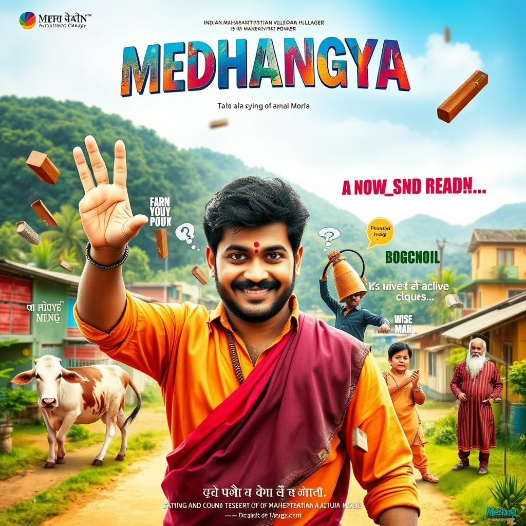 A cinematic action comedy film poster featuring an Indian Maharashtrian villager man with a charming smile and traditional attire, showcasing his mind-reading supernatural powers