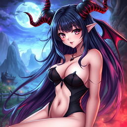A sexy depiction of Meru the Succubus, showcasing her alluring beauty with long, flowing hair, intricate horns, and mesmerizing eyes