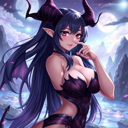 A sexy depiction of Meru the Succubus, showcasing her alluring beauty with long, flowing hair, intricate horns, and mesmerizing eyes