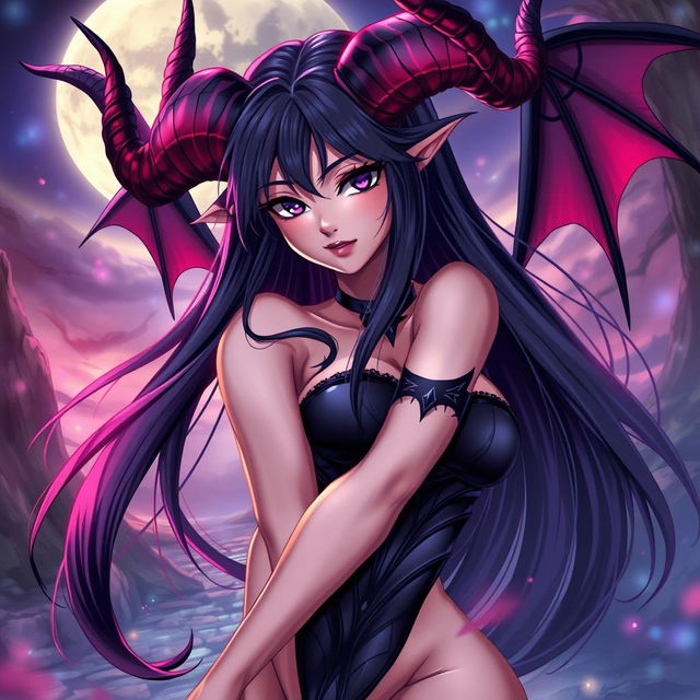 A sexy depiction of Meru the Succubus, showcasing her alluring beauty with long, flowing hair, intricate horns, and mesmerizing eyes