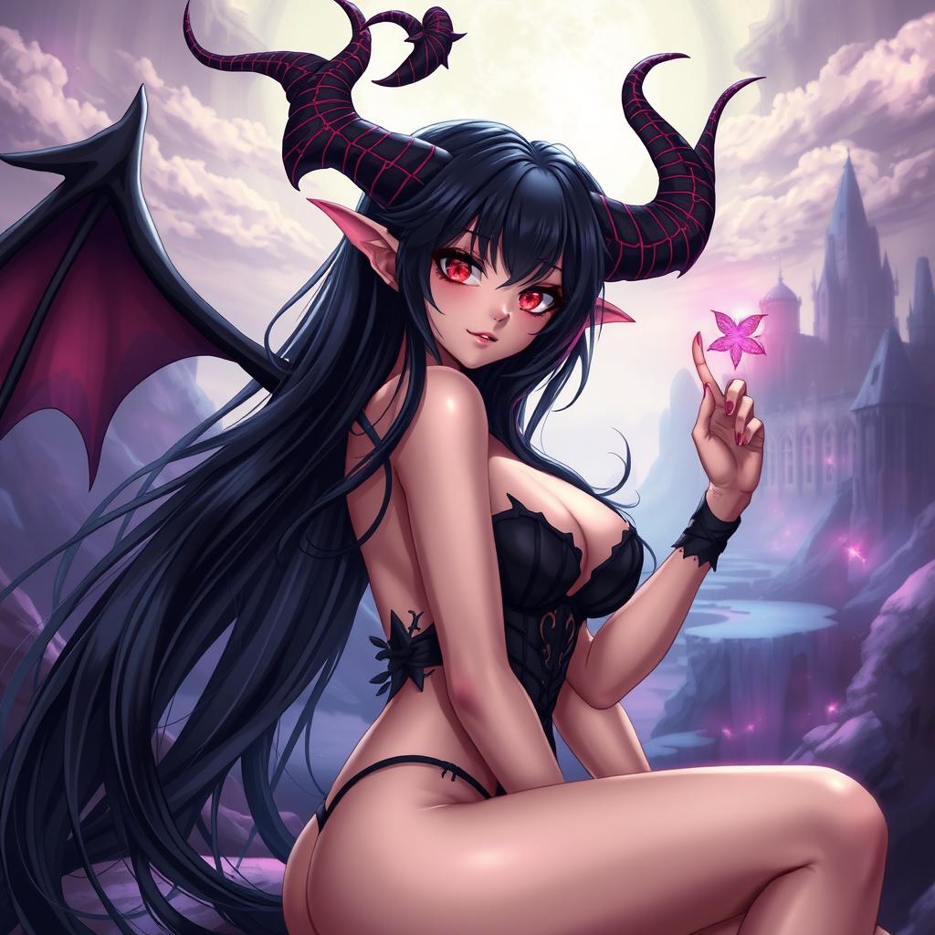 A sexy depiction of Meru the Succubus, showcasing her alluring beauty with long, flowing hair, intricate horns, and mesmerizing eyes