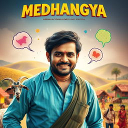A cinematic action comedy film poster titled 'MEDHANGYA' featuring an Indian Maharashtrian villager man, dressed in traditional Maharashtrian attire, showcasing a friendly and confident expression