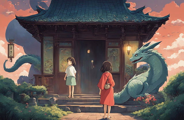 Studio Ghibli-style poster of Spirited Away featuring Chihiro, Haku in dragon form, various spirits, and the bathhouse under twilight sky