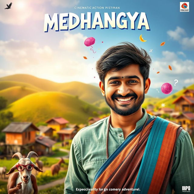 A cinematic action comedy film poster titled 'MEDHANGYA' featuring an Indian Maharashtrian villager man, dressed in traditional Maharashtrian attire, showcasing a friendly and confident expression