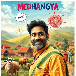 A cinematic action comedy film poster titled 'MEDHANGYA' featuring an Indian Maharashtrian villager man, dressed in traditional Maharashtrian attire, showcasing a friendly and confident expression
