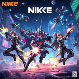 A dynamic and futuristic scene featuring characters from the mobile game Nikke