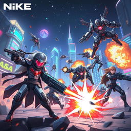 A dynamic and futuristic scene featuring characters from the mobile game Nikke