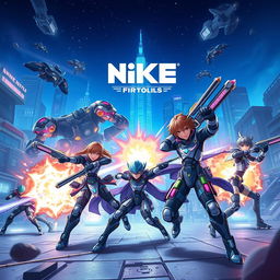 A dynamic and futuristic scene featuring characters from the mobile game Nikke