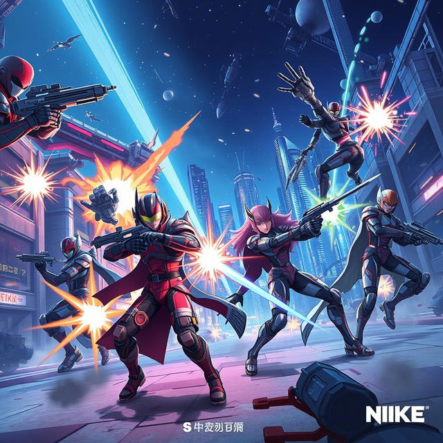 A dynamic and futuristic scene featuring characters from the mobile game Nikke