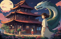 Studio Ghibli-style poster of Spirited Away featuring Chihiro, Haku in dragon form, various spirits, and the bathhouse under twilight sky